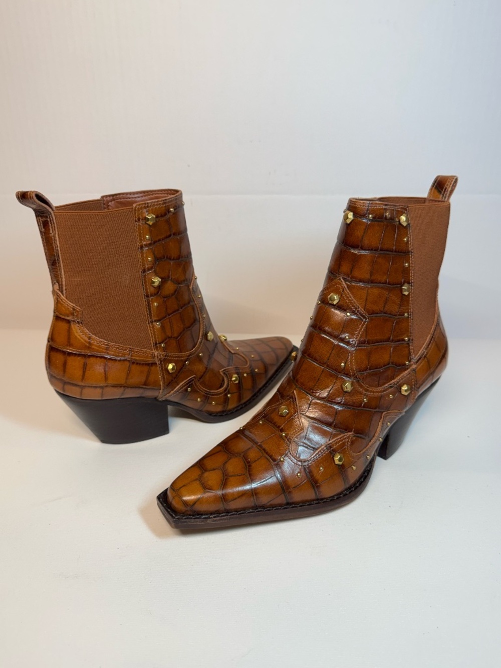 Vince Camuto Norley Croc Leather Studded Western Boots Brown 6.5M